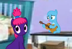Size: 721x496 | Tagged: safe, artist:fantasygirls56, derpibooru import, ponified, pegasus, pony, acoustic guitar, bedroom, colt, crossover, duo, female, foal, g4, guinea pig, guitar, hair, image, indoors, male, mare, mr. guinea pig, mr. guinea pig superstar, musical instrument, my friend, pinky dinky doo, pinky dinky doo (character), png, ponytail, room, singing, sitting, smiling