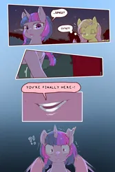 Size: 960x1440 | Tagged: safe, alternate version, artist:cold-blooded-twilight, derpibooru import, fluttershy, pinkie pie, twilight sparkle, cold blooded twilight, comic:cold storm, alternate design, comic, dialogue, image, png, smiling, speech bubble, thought bubble