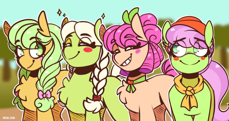 Size: 2360x1255 | Tagged: safe, derpibooru import, apple rose, auntie applesauce, goldie delicious, granny smith, earth pony, blushing, bow, braid, chest fluff, eye clipping through hair, eyebrows, eyebrows visible through hair, grin, hair bow, image, jpeg, smiling, younger