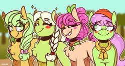 Size: 2360x1255 | Tagged: safe, derpibooru import, apple rose, auntie applesauce, goldie delicious, granny smith, earth pony, blushing, bow, braid, chest fluff, eye clipping through hair, eyebrows, eyebrows visible through hair, grin, hair bow, image, jpeg, smiling, younger