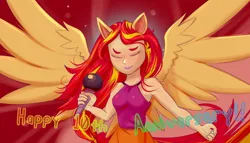Size: 2880x1645 | Tagged: safe, artist:beth, derpibooru import, sunset shimmer, equestria girls, rainbow rocks, alternate scenario, equestria girls 10th anniversary, image, microphone, png, ponied up, simple background, text, wings