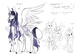 Size: 5640x4000 | Tagged: safe, artist:iheyyasyfox, derpibooru import, oc, oc:stella alba nyx, unofficial characters only, alicorn, pony, absurd resolution, alicorn oc, female, hoof fluff, horn, image, leonine tail, long feather, mare, name, offspring, one wing out, parent:flash sentry, parent:twilight sparkle, parents:flashlight, png, simple background, solo, tail, white background, wings