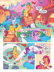 Size: 768x1024 | Tagged: safe, derpibooru import, idw, hitch trailblazer, izzy moonbow, pipp petals, sunny starscout, zipp storm, earth pony, pegasus, pony, rabbit, squirrel, unicorn, g5, spoiler:comic, spoiler:g5comic, animal, camp bighoof, eyes closed, happy, image, jpeg, mane five, mane stripe sunny, official comic, smiling