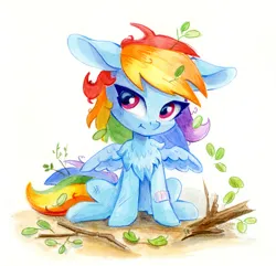 Size: 1200x1155 | Tagged: safe, artist:maytee, derpibooru import, rainbow dash, pegasus, pony, :t, bandaid, chest fluff, colored pencil drawing, crash, cute, dashabetes, female, filly, filly rainbow dash, image, messy mane, png, rainbow crash, sitting, solo, traditional art, watercolor painting, younger