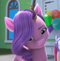 Size: 1014x1030 | Tagged: safe, derpibooru import, screencap, pipp petals, g5, my little pony: make your mark, spoiler:g5, spoiler:my little pony: make your mark, spoiler:my little pony: make your mark chapter 4, spoiler:mymc04e04, animated, gif, head tilt, i watch it for the ears, image, my little pony: make your mark chapter 4, solo, sunny side up