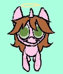 Size: 240x280 | Tagged: safe, artist:l3mon6alm, derpibooru import, oc, oc:lemon balm, unofficial characters only, unicorn, bite mark, brown mane, creepy, green eyes, halo, image, png, scar, self harm, self harm scars, simple background, solo