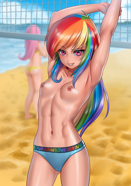 Size: 3252x4600 | Tagged: questionable, artist:racoonsan, derpibooru import, edit, fluttershy, rainbow dash, human, abs, armpits, ass, barefoot, beach, belly button, bikini, bikini bottom, breasts, butt, casual nudity, clothes, cute, delicious flat chest, erect nipples, exhibitionism, feet, female, fit, flutterbutt, grin, humanized, image, looking at you, nipples, nudity, ocean, partial nudity, png, rainbow flat, sand, sexy, small breasts, smiling, solo focus, stupid sexy rainbow dash, swimsuit, topless, topless edit, volleyball net, water