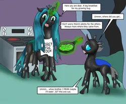 Size: 1279x1052 | Tagged: safe, artist:termyotter, derpibooru import, queen chrysalis, changeling, apron, atg 2023, clothes, image, implied cannibalism, jpeg, magic, newbie artist training grounds, pan