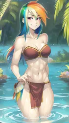 Size: 864x1536 | Tagged: suggestive, derpibooru import, editor:sammykun, machine learning assisted, machine learning generated, stable diffusion, rainbow dash, human, equestria girls, ai content, belly button, breasts, clothes, female, humanized, image, jungle, legs in the water, loincloth, looking at you, midriff, partially submerged, plants, png, prompter:sammykun, reasonably sized breasts, sexy, short hair, small breasts, smiling, solo, strapless, stupid sexy rainbow dash, teeth, tropical, tube top, water, wide hips
