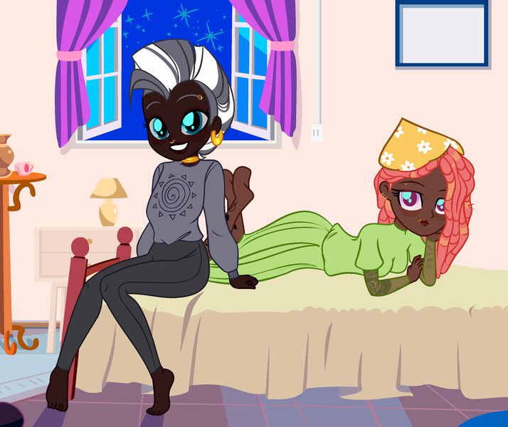 Size: 2988x2512 | Tagged: safe, artist:cent, artist:yaya54320bases, derpibooru import, tree hugger, zecora, human, alternate hairstyle, bandana, barefoot, base used, bed, bedroom, blanket, clothes, commission, curtains, cute, dark skin, denim, dress, duo, ear piercing, earring, eyebrow piercing, feet, female, grin, humanized, image, jeans, jewelry, lying down, neck rings, nose piercing, nose ring, pants, piercing, png, prone, smiling, soles, sweater, tattoo, window, ych result