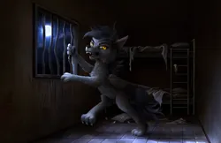 Size: 4096x2660 | Tagged: safe, artist:magfen, derpibooru import, pegasus, pony, werewolf, wolf, wolf pony, bed sheets, bunk bed, cell, full moon, image, moon, night, png, sharp teeth, solo, staring at you, teeth, yellow eyes