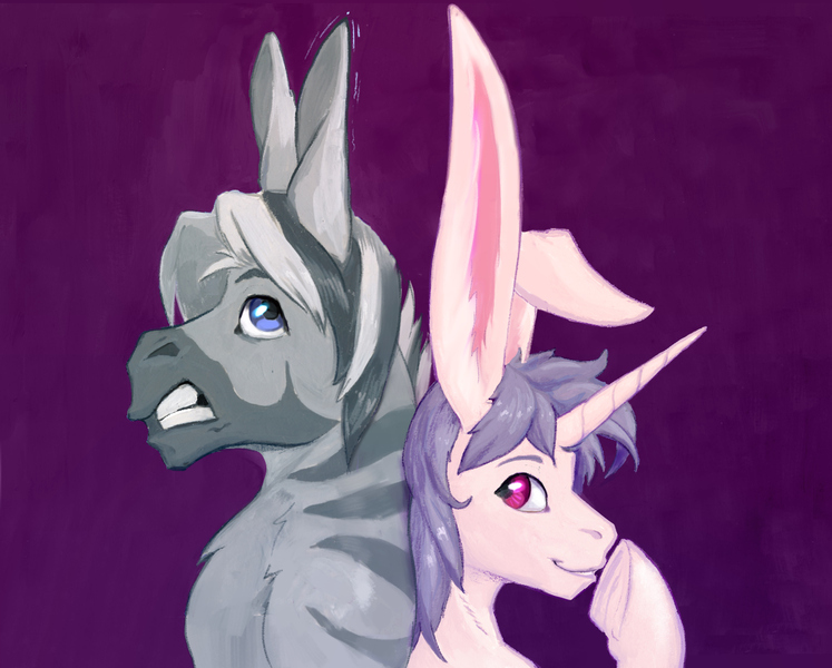 Size: 1308x1051 | Tagged: safe, artist:fantdragon, derpibooru import, editor:xbi, oc, oc:fapon, oc:lapush buns, bunnycorn, pony, rabbit, unicorn, zebra, animal, back to back, bunny ears, digital art, duo, image, jpeg, male, mixed media, purple background, simple background, size comparison, stallion, traditional art