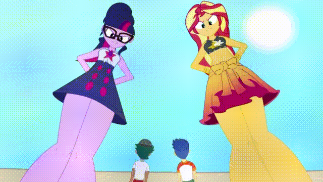 Size: 640x360 | Tagged: safe, derpibooru import, flash sentry, sci-twi, sunset shimmer, timber spruce, twilight sparkle, equestria girls, angry, animated, female, giantess, gif, image, macro, male, quiver, scolding, shrinking, size difference, smaller male