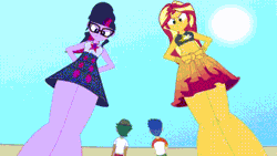 Size: 640x360 | Tagged: safe, derpibooru import, flash sentry, sci-twi, sunset shimmer, timber spruce, twilight sparkle, equestria girls, angry, animated, female, giantess, gif, image, macro, male, quiver, scolding, shrinking, size difference, smaller male