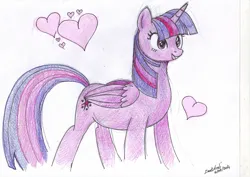 Size: 2912x2059 | Tagged: safe, artist:darkaudi1728, derpibooru import, twilight sparkle, twilight sparkle (alicorn), alicorn, pony, eyelashes, female, heart, image, jpeg, mare, signature, smiling, solo, traditional art