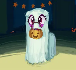 Size: 1836x1702 | Tagged: safe, artist:mandumustbasukanemen, derpibooru import, berry punch, berryshine, earth pony, pony, atg 2023, clothes, costume, female, ghost costume, halloween, halloween costume, holiday, image, jpeg, mare, newbie artist training grounds, nightmare night, nightmare night costume, nose carry, pumpkin bucket, smiling, solo