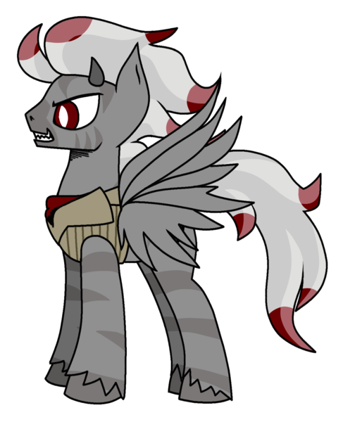 Size: 1272x1568 | Tagged: safe, artist:yamston, derpibooru import, oc, oc:darkest bleak, unofficial characters only, hybrid, pegasus, pony, zebra, fanfic:living the dream, 2023, clothes, fanfic art, gray coat, horns, hybrid oc, image, png, red eyes, sharp teeth, simple background, slit pupils, smiling, solo, spread wings, suit, teeth, transparent background, two toned mane, wings, zebra oc