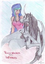 Size: 2059x2912 | Tagged: safe, artist:darkaudi1728, derpibooru import, oc, oc:inferno, unofficial characters only, alicorn, bat pony, bat pony alicorn, human, pony, bat pony oc, bat wings, curved horn, duo, horn, image, jpeg, smiling, traditional art, unshorn fetlocks, wings