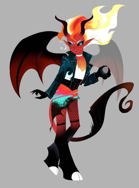 Size: 1156x1557 | Tagged: safe, artist:aztrial, derpibooru import, sunset shimmer, demon, human, equestria girls, bat wings, claws, clothes, cloven hooves, elf ears, evil grin, female, fishnets, grin, horns, image, jacket, jpeg, redesign, simple background, skirt, smiling, solo, sunset satan, wings