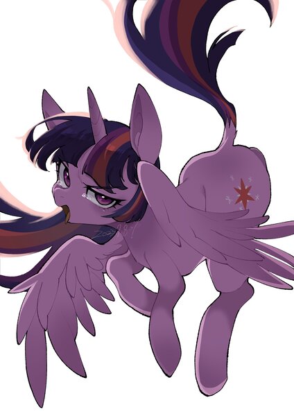 Size: 2894x4093 | Tagged: safe, artist:potetecyu_to, derpibooru import, twilight sparkle, twilight sparkle (alicorn), alicorn, pony, flying, image, jpeg, open mouth, simple background, solo, spread wings, teary eyes, tongue out, white background, wings