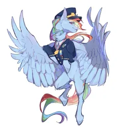 Size: 937x1024 | Tagged: safe, artist:cream_dragon, derpibooru import, rainbow dash, pegasus, pony, badge, clothes, flying, hat, image, jewelry, jpeg, necklace, simple background, smiling, smirk, solo, spread wings, uniform, white background, wings