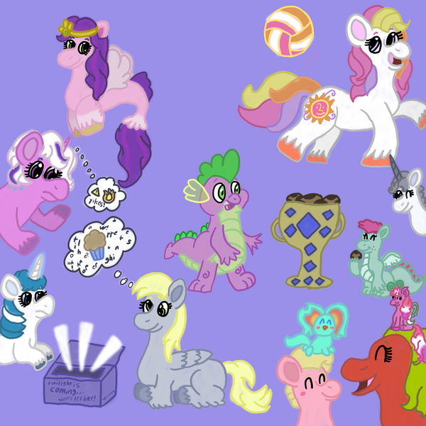 Size: 3000x3000 | Tagged: safe, artist:mintwhistle, derpibooru import, cutesaurus, derpy hooves, majesty, pipp petals, princess silver swirl, spike, sunny daze (g3), twilight sparkle, unnamed character, oc, oc:carnation, ponified, breezie, dinosaur, dragon, earth pony, pegasus, pony, seapony (g4), unicorn, g1, g2, g3, g5, ambiguous gender, atg 2023, baby, baby dragon, blush sticker, blushing, box, breezie oc, coat markings, colored hooves, colt, concerned, cookie, crumbs, danger, daydream, derp, diadem, dragon wings, eating, elfilin, excited, exclamation point, eyelashes, eyes closed, fangs, feathered fetlocks, female, fire, foal, folded wings, food, friendship, frown, g1 to g5, g2 to g5, g3 to g5, g4, g4 to g5, gem, generation leap, glow, glowing horn, happy, headband, horn, i just don't know what went wrong, image, implied discord, implied twilight sparkle, insect wings, jewelry, jumping, kirby, kirby (series), light, looking at someone, looking at something, looking back, lying down, majesty is not amused, male, mare, medibang paint, motion lines, muffin, newbie artist training grounds, one eye closed, oops my bad, open mouth, open smile, playing, png, pony friends, ponyloaf, prone, purple background, question mark, regalia, scrambled, seaponified, seapony pipp petals, simple background, sitting, smiling, socks (coat marking), species swap, spikelove, sports, standing, standing on two hooves, sweat, sweatdrops, this will end in death, this will end in tears, this will end in tears and/or death, this will not end well, thought bubble, trophy, unamused, unnamed dragon, unshorn fetlocks, victory, volleyball, wall of tags, wings, wink, worried, zip-zip