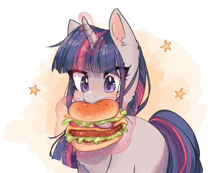 Size: 2407x1887 | Tagged: safe, artist:ponchik_art, derpibooru import, twilight sparkle, pony, unicorn, burger, chest fluff, food, hungry, image, magic, meat, png, ponies eating meat, solo, sparkles