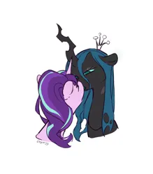 Size: 2292x2616 | Tagged: safe, artist:laymy, derpibooru import, queen chrysalis, starlight glimmer, changeling, changeling queen, pony, unicorn, blushing, bust, female, glimmerlis, image, jpeg, kissing, lesbian, shipping, solo