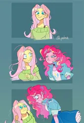 Size: 1280x1882 | Tagged: safe, artist:pelma, derpibooru import, fluttershy, pinkie pie, human, bra, bra strap, choker, clothes, cute, frown, image, jpeg, off shoulder, off shoulder sweater, shyabetes, simple background, smiling, stare, sweater, sweatershy, teary eyes, underwear