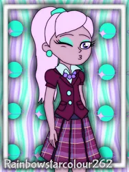 Size: 1536x2048 | Tagged: safe, artist:rainbowstarcolour262, derpibooru import, oc, oc:zina pearl, unofficial characters only, human, series:equ wallpapers, equestria girls, abstract background, clothes, crystal prep academy uniform, crystal prep shadowbolts, cutie mark background, derpibooru exclusive, ear piercing, earring, eyeshadow, female, image, jewelry, kissy face, looking at you, makeup, necklace, one eye closed, pearl necklace, piercing, plaid skirt, pleated skirt, png, ponytail, purple eyes, school uniform, shirt, signature, skirt, solo, wink, winking at you