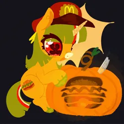 Size: 2048x2048 | Tagged: safe, artist:ombnom, derpibooru import, oc, oc:burger mare, pony, unicorn, burger, food, hat, image, jpeg, mcdonald's, open mouth, simple background, solo