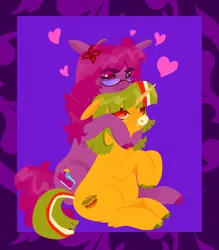 Size: 1798x2048 | Tagged: safe, artist:ombnom, derpibooru import, oc, oc:burger mare, pony, unicorn, duo, freckles, glasses, heart, hug, image, jpeg, sitting