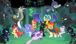 Size: 926x540 | Tagged: safe, derpibooru import, apple bloom, discord, maud pie, princess ember, queen chrysalis, scootaloo, starlight glimmer, sunburst, sweetie belle, thorax, trixie, changedling, changeling, season 6, to where and back again, changeling kingdom, cutie mark crusaders, image, png, what if
