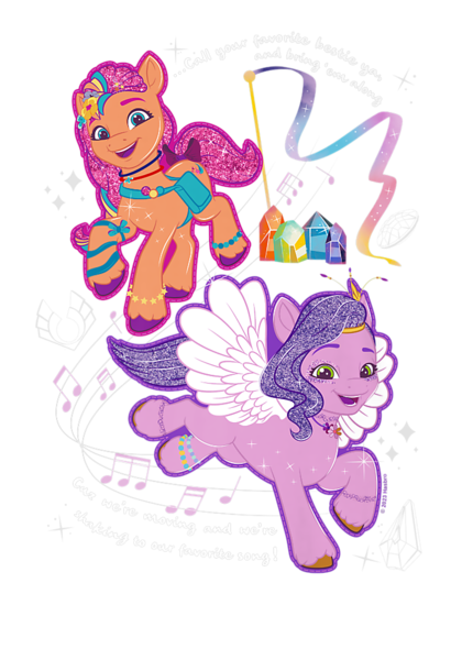 Size: 700x1000 | Tagged: safe, derpibooru import, official, pipp petals, sunny starscout, earth pony, pegasus, pony, g5, crystal, design, image, music notes, png, shirt design, simple background, song reference, transparent background