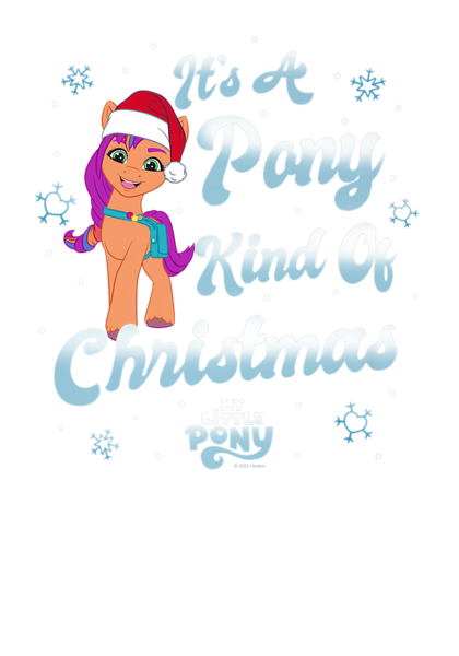 Size: 700x1000 | Tagged: safe, derpibooru import, official, sunny starscout, earth pony, pony, g5, christmas, design, hat, holiday, image, my little pony logo, png, santa hat, shirt design, snow, snowflake, text