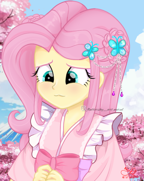 Size: 1196x1496 | Tagged: safe, artist:fluttershy_art.nurul, derpibooru import, fluttershy, kimono, human, equestria girls, equestria girls series, g3, blue sky, blushing, cherry blossoms, clothes, costume, cute, flower, flower blossom, image, japan, japanese, kimono (clothing), moon runes, pink hair, png, ribbon, smiling, solo