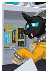 Size: 720x1080 | Tagged: safe, artist:texasuberalles, derpibooru import, oc, oc:dragonfly (the maretian), unofficial characters only, changeling, fanfic:changeling space program, changeling oc, crystal, fanfic art, female, image, jpeg, ratchet, solo, spacesuit