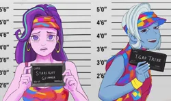 Size: 1280x760 | Tagged: safe, derpibooru import, starlight glimmer, trixie, equestria girls, barbie mugshot meme, image, jpeg, meme, mugshot