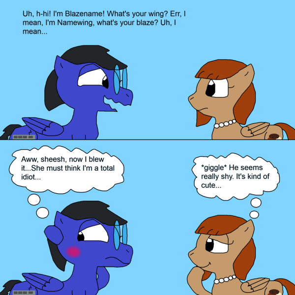 Size: 2000x2000 | Tagged: safe, artist:blazewing, derpibooru import, oc, oc:blazewing, oc:pecan sandy, unofficial characters only, pegasus, pony, 2 panel comic, atg 2023, blue background, blushing, comic, drawpile, duo, female, frown, image, looking away, male, mare, nervous, newbie artist training grounds, png, shy, simple background, smiling, stallion, talking, text, thought bubble, wavy mouth