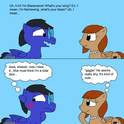 Size: 2000x2000 | Tagged: safe, artist:blazewing, derpibooru import, oc, oc:blazewing, oc:pecan sandy, unofficial characters only, pegasus, pony, 2 panel comic, atg 2023, blue background, blushing, comic, drawpile, duo, female, frown, image, looking away, male, mare, nervous, newbie artist training grounds, png, shy, simple background, smiling, stallion, talking, text, thought bubble, wavy mouth