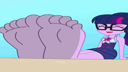 Size: 1280x720 | Tagged: safe, artist:a giant woman, derpibooru import, sci-twi, twilight sparkle, human, equestria girls, animated, clothes, duo focus, eyes closed, feet, female, fetish, foot fetish, giggling, image, larger female, size difference, webm