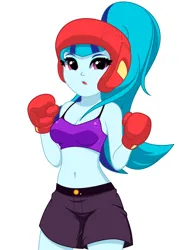 Size: 1132x1506 | Tagged: safe, artist:rosemile mulberry, derpibooru import, sonata dusk, human, equestria girls, belly button, boxing, boxing gloves, breasts, busty sonata dusk, cleavage, clothes, female, headgear, image, midriff, open mouth, png, ponytail, shorts, simple background, solo, sports, sports bra, updated design, white background