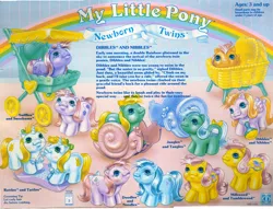 Size: 1277x976 | Tagged: safe, derpibooru import, official, photographer:breyer600, dibbles, milkweed, nibbles, sniffles, snookums, tumbleweed (g1), earth pony, pegasus, pony, unicorn, g1, baby, baby pony, backcard, blushing, doodles (g1), female, food, image, jangles (g1), jpeg, newborn, newborn twins, noodles (g1), rattles, siblings, tangles, tattles, text, toy, twins