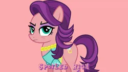 Size: 1920x1080 | Tagged: safe, artist:jeatz-axl, derpibooru import, edit, editor:jaredking779, spoiled rich, earth pony, pony, clothes, female, frown, image, jewelry, jpeg, mare, necklace, pink background, simple background