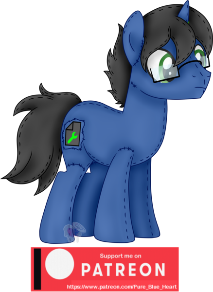 Size: 1801x2467 | Tagged: safe, artist:pure-blue-heart, derpibooru import, oc, oc:digital wrench, pony, unicorn, black mane, glasses, green eyes, horn, image, male, patreon, patreon reward, plushie, png, simple background, stallion, transparent background, unicorn oc