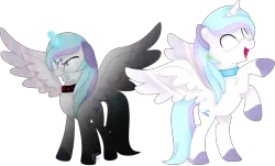 Size: 4600x2782 | Tagged: safe, artist:pure-blue-heart, derpibooru import, oc, oc:winter solstice, alicorn, pony, agender, alicorn oc, angry, choker, colored hooves, commission, duality, floppy ears, glasses, glow, glowing eyes, glowing horn, horn, image, magic, png, rearing, smiling, solo, striped wings, two toned mane, wings