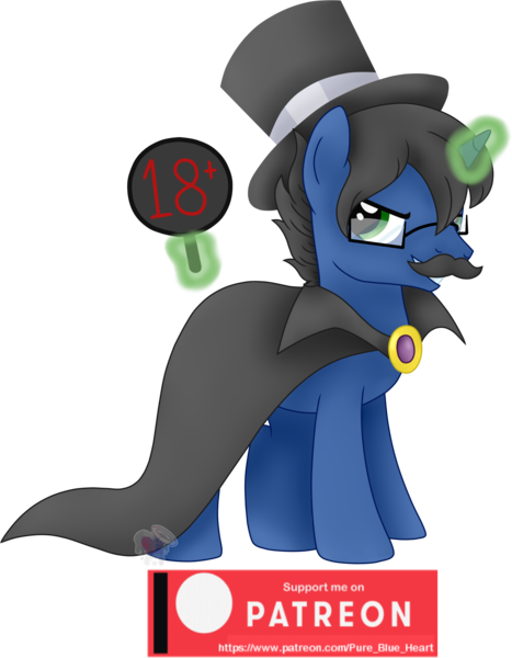 Size: 2208x2834 | Tagged: safe, artist:pure-blue-heart, derpibooru import, oc, oc:digital wrench, unofficial characters only, pony, unicorn, black mane, cape, clothes, fake moustache, glasses, green eyes, green magic, hat, horn, image, magic, male, patreon, patreon reward, png, sign, simple background, solo, stallion, stallion oc, telekinesis, top hat, transparent background, unicorn oc