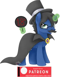 Size: 2208x2834 | Tagged: safe, artist:pure-blue-heart, derpibooru import, oc, oc:digital wrench, unofficial characters only, pony, unicorn, black mane, cape, clothes, fake moustache, glasses, green eyes, green magic, hat, horn, image, magic, male, patreon, patreon reward, png, sign, simple background, solo, stallion, stallion oc, telekinesis, top hat, transparent background, unicorn oc