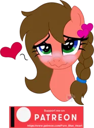 Size: 1077x1455 | Tagged: safe, artist:pure-blue-heart, derpibooru import, lovestruck, oc, oc:heartstrung, unofficial characters only, pony, blushing, braid, brown mane, bust, female, hairclip, heart, heterochromia, image, mare, patreon, patreon reward, png, portrait, simple background, solo, transparent background