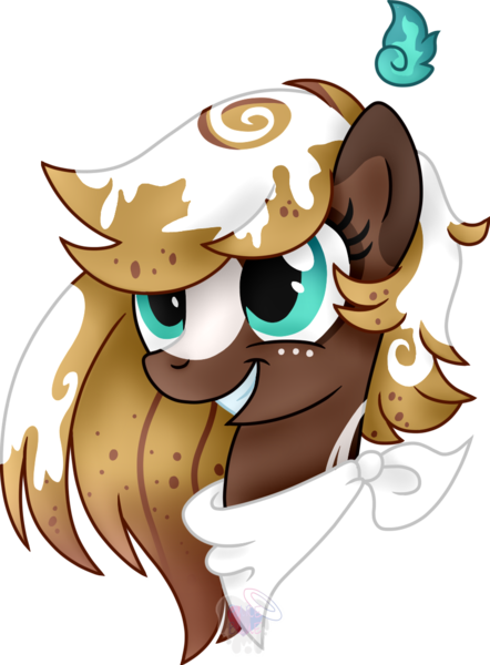 Size: 870x1181 | Tagged: safe, artist:pure-blue-heart, derpibooru import, oc, oc:cinna, earth pony, original species, pony, scented pony, bandana, bust, closed species, earth pony oc, female, freckles, gift art, image, mare, png, portrait, simple background, smiling, teeth, transparent background